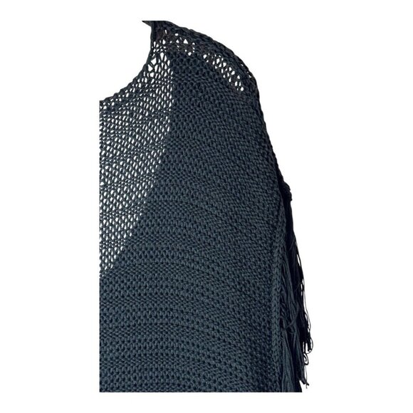 Zara Sweater Women Small Black Open Knit‎ V Back Fringe Sides Short Sleeve Tunic - Picture 5 of 12